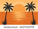 Sunset tropical beach with palm trees and sea. Nature landscape and seascape. 