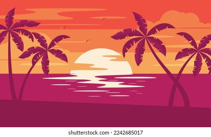 Sunset tropical beach with palm trees and sea. Nature landscape and seascape. 