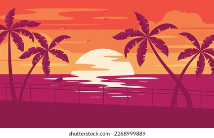 Sunset tropical beach with palm trees and sea. Nature landscape and seascape. 