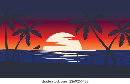 Sunset tropical beach with palm trees and sea. Nature landscape and seascape. 