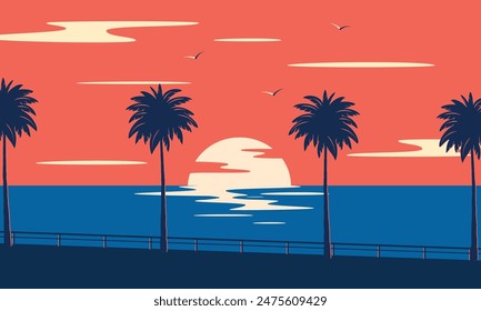 Sunset tropical beach with palm trees and sea. Nature landscape and seascape. 