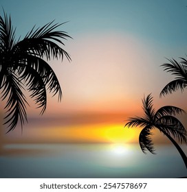 Sunset tropical beach with palm trees and sea. Nature landscape and seascape.
