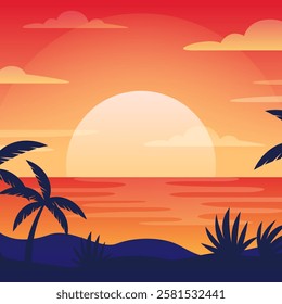 Sunset tropical beach with palm trees and sea