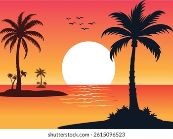 Sunset tropical beach with palm trees and sea