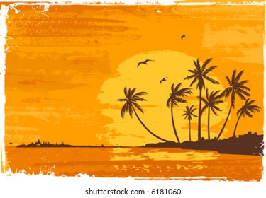 Sunset. Tropical beach. Palms. Vector illustration.