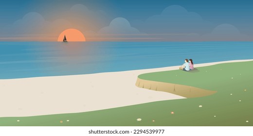 Sunset at tropical blue sea with couple of lover at white sand beach vector illustration. Landscape of coast beautiful sea shore beach at sunset flat design.