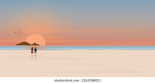 Sunset at tropical blue sea, sand beach and mountain with couple of lover illustration. Landscape of coast beautiful sea shore beach at sunset flat design illustration.