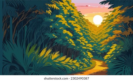 Sunset in the tropical forest. Vector illustration for your design.