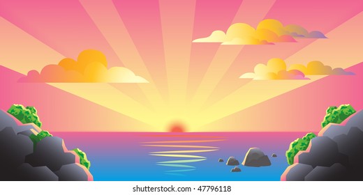 Sunset tropical island vector illustration