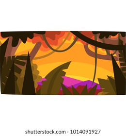 Sunset in tropical jungle, greenwood background with leaves, bushes and trees, tropical rainforest scenery vector illustration