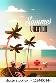 sunset tropical palm beach balls view summer vacation seaside sea ocean flat vertical lettering vector illustration