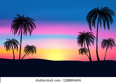 sunset and tropical palm trees with colorful landscape background, vector, illustration, eps 10 file