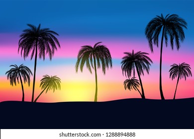 sunset and tropical palm trees with colorful landscape background, vector, illustration, eps 10 file