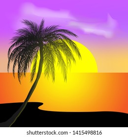 Sunset and tropical palm trees with colorful landscape background, vector, illustration, eps 10