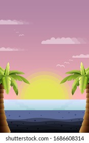 Sunset and tropical palm trees with colorful landscape background, vector illustration.