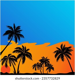 Sunset and tropical palm trees with colorful landscape background, vector, illustration