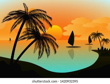 Sunset tropical sea landscape, boat and palm island silhouette