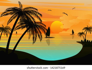 Sunset tropical sea landscape, boat and palm island silhouette