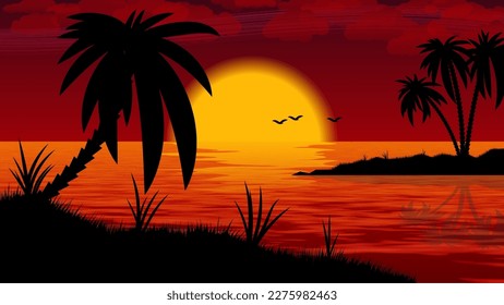 Sunset tropical seascape. Silhouettes of the coast with grass and palm trees against the background of the sea, the sky with the setting sun, clouds, flying birds. Vector.