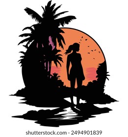 Sunset in the Tropics with Swaying Palms, A Relaxing Scene showing A women enjoying sunset. t-Shirt print design, Wallpaper, wall print design