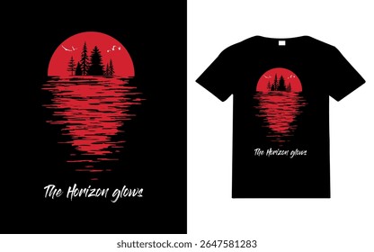 Sunset tshirt design graphic logo creative modern nature landscape merchandise printing minimalism retro style tree birds sea water reflection sun sky cloth cap tshirt mug bag bottle print
