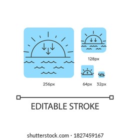 Sunset turquoise linear icons set. Sundown, weather forecasting. Sea, ocean at dusk. Sun setting. Thin line customizable 256, 128, 64 and 32 px vector illustrations. Contour symbols. Editable stroke