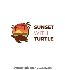 Sunset with turtle traveling logo. turtle island logo design template