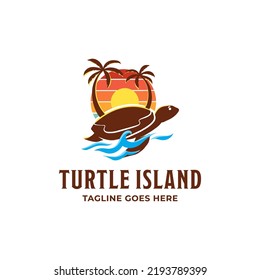 Sunset with turtle traveling logo. turtle island logo design template