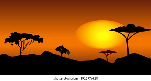 Sonnenuntergang unter Savana flache Farbe Vektorgrafik. Ruhiger Ort mit großen afrikanischen Bäumen. Schöne Natur mit Cartoonlandschaft mit großen Bergen auf Hintergrund