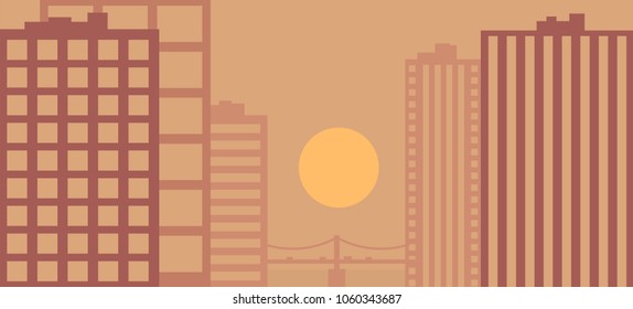 Sunset urban landscape flat illustration. Vector background