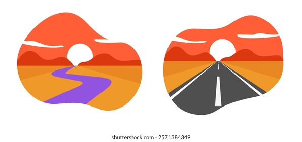 Sunset valley landscape icon with highway road and desert river vector modern graphic illustration set, abstract flat cartoon canyon drawing path way travel minimal simple design image clip art