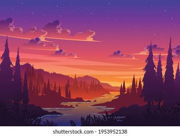 Sunset Valley Landscape Illustration. Beautiful sunset valley with river, pine trees and hill vector landscape. Good for background, wallpaper, wall decor, poster, banner, art print, etc. 