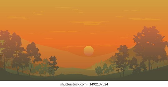 sunset in the valley in mountains, trees and hills, vector nature landscape, flat illustration