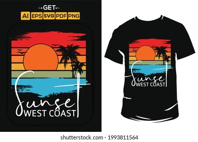 Sunset valley, Summer stylish typography t-shirt and apparel trendy design with palm trees silhouettes, sunset, colorful, print, vector illustration. Beach t shirt with sun.