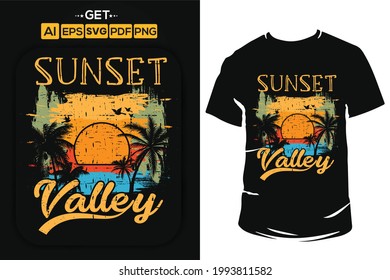 Sunset valley, Summer stylish typography t-shirt and apparel trendy design with palm trees silhouettes, sunset, colorful, print, vector illustration. Beach t shirt with grunge texture.