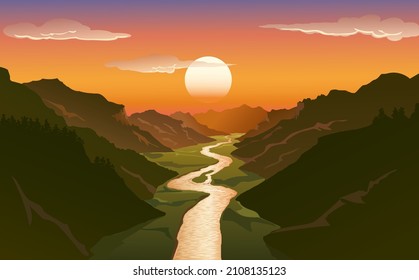 Sunset in a Valley vector illustration isolated, eps