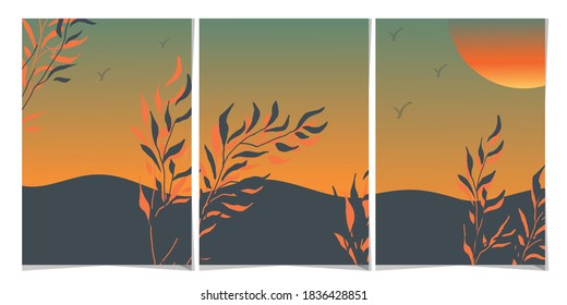 Sunset in the valley vector illustration with warm color. for poster print, postcard or social media. vector illustration. 