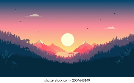 Sunset vector background - Beautiful landscape illustration with forest, mountains and sea. Calm nature concept.