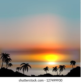 Sunset vector background with sea and palm trees.