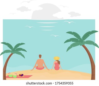 Sunset vector concept: back view of couple figures sitting and watching sunset together at the beach