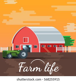 Sunset Vector Farm House Illustration Background With Tractor