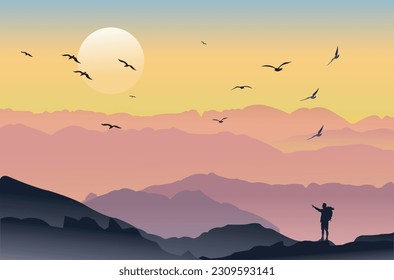 Sunset vector hillside landscape view. traveler enjoy this beautiful scenarios.