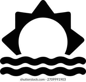 Ícone de vetor de pôr do sol no gráfico de ondas do oceano. Ótimo para aplicativos meteorológicos, blogs de viagem, cartazes, sites, mídias sociais e publicidade. Isolado em branco com espaço de cópia.