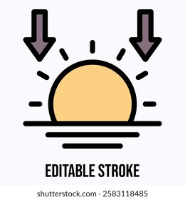 Sunset Vector Icon. Sun In waves And Down Arrow Isolated Vector Icon. 