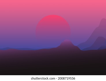 Sunset vector illustration, Landscape with sun and mountain.