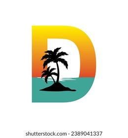 Sunset vector illustration in letter D shape. Typography design for holiday, travel business, logo.