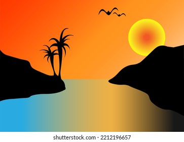 Sunset Vector Illustration, Simple Background Sunset, Sun, Abstract, Lanscape, Summer, Hawaii