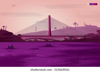 Sunset vector illustration of Uganda Jinja Nile suspension bridge on the river Nile. 