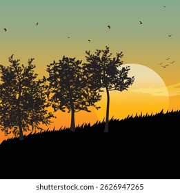 sunset vector illustrational background with forest