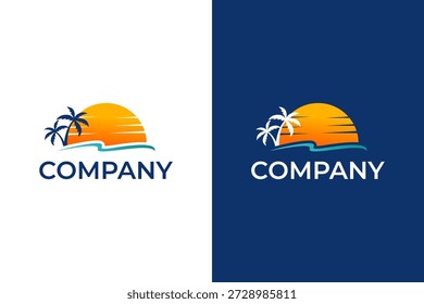 Sunset Vector Image and Ocean Horizon Logo Design with Beach Scenery Graphic Concept for Travel, Tourism and Beach Emblem